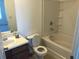 Clean bathroom with a shower-tub combo, vanity, and toilet at 10303 Waldrop Place, Decatur, GA 30034