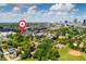 Wide aerial view of real estate location, with red map marker, featuring a city skyline at 8 Bass Se St, Atlanta, GA 30315