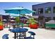 Inviting outdoor seating area with blue umbrellas and colorful planters on a sunny day at 8 Bass Se St, Atlanta, GA 30315