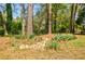 Tree-filled backyard featuring a small rock garden bed, offering a tranquil natural setting at 4183 Oak Crest Dr, Tucker, GA 30084
