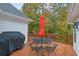 Outdoor seating on wooden deck with a table, chairs, grill, and red umbrella with great view of trees at 777 Glen Valley Way, Dacula, GA 30019