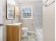 Cozy bathroom features a patterned floor, wooden vanity, and a shower/tub combo at 1910 Thompson Ave, East Point, GA 30344