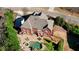 Aerial view showcasing a home's backyard oasis with a pool, patio, and well-maintained landscaping at 4777 Ardmore Ln, Hoschton, GA 30548