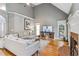Bright living room featuring vaulted ceilings, fireplace, and hardwood floors at 1142 Hidden Spirit Trl, Lawrenceville, GA 30045