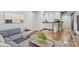 Basement living area with kitchenette, sleek grey sofa, and modern decor at 53 Paces West Nw Dr, Atlanta, GA 30327