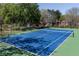 Full-sized community tennis court with green and blue playing surface and surrounding greenery at 218 Ridley Ln, Decatur, GA 30030