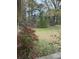 A grassy yard with flowering bushes and mature trees, offering a serene view from the home's exterior at 6957 Mason Creek Rd, Douglasville, GA 30135