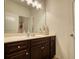Charming bathroom featuring dark wood cabinets with light countertop and decorative vases at 164 Madison Grace Ave, Mcdonough, GA 30252