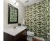 Half bathroom featuring stylish wallpaper, modern vanity, and updated finishes at 250 Martin Ridge Ct, Roswell, GA 30076