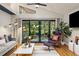 Bright living room featuring vaulted ceilings, hardwood floors, and access to a sunroom with a view of the landscaped backyard at 3063 Leafwood Dr, Decatur, GA 30033
