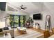 Bright living room with vaulted ceilings, large glass doors that open to the backyard and hardwood floors at 3063 Leafwood Dr, Decatur, GA 30033