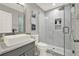 Modern bathroom featuring a glass-enclosed shower with marble tiling and a sleek, vessel sink at 6675 Flagstone Ct, Cumming, GA 30028