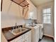 Well-equipped laundry room with sink, cabinets, shelving, window, and modern washer and dryer at 10460 Cranchester Way, Alpharetta, GA 30022