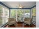 Bright sunroom boasts walls of windows, hardwood floors, seating and a bar cart for entertaining at 1602 Gettysburg Pl, Sandy Springs, GA 30350