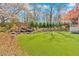 Serene backyard featuring a waterfall, lush landscaping, and a well-maintained lawn at 3509 Ivy Manor Se Rd, Smyrna, GA 30080