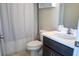 Bathroom with a white shower curtain, toilet, and dark wood vanity with a white countertop and sink at 4125 Hidden River Dr, Cumming, GA 30028