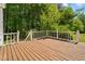 Spacious wooden deck with white railing, perfect for entertaining, surrounded by lush greenery at 112 Bernice Dr, Lawrenceville, GA 30045