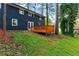 Backyard featuring a wooden deck, lush lawn, mature trees, and a dark blue brick house at 2318 Plantation Dr, Atlanta, GA 30344