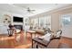 Bright living room with hardwood floors, fireplace, custom built-ins, and lots of natural light at 405 N Pine Dr, Alpharetta, GA 30022