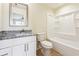 Bathroom with a granite vanity, a framed mirror, and a shower-tub combination, offering a fresh and modern look at 7902 West Shore Cir, Riverdale, GA 30296