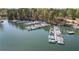 Aerial view showing the community boat docks with numerous boat slips and easy water access at 840 Stonehaven Ln, Alpharetta, GA 30005