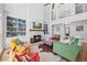 Bright living room with fireplace, bookshelves, hardwood floors and high ceilings at 840 Stonehaven Ln, Alpharetta, GA 30005