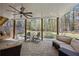 Inviting covered patio area with comfortable seating, ceiling fan, and serene backyard views at 840 Stonehaven Ln, Alpharetta, GA 30005