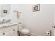 Cozy half bathroom featuring a white vanity with marble countertop and framed artwork at 437 Great Pine Way, Woodstock, GA 30188
