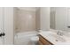 Bathroom featuring a shower-tub combination with tiled walls and a modern vanity at 3315 Hillshire Dr, Cumming, GA 30028