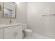 Stylish half-bathroom featuring a white vanity with quartz countertop and decorative mirror at 5925 Pine Bluff Dr, Cumming, GA 30040