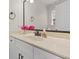 Bathroom vanity features marble countertop with white cabinets and modern black hardware at 2611 Rock Point Ln, Snellville, GA 30039