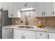 Modern kitchen features stainless steel appliances, granite countertops, tile backsplash at 2611 Rock Point Ln, Snellville, GA 30039