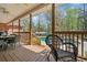 Outdoor living space with seating area on a covered deck overlooking a pool and landscaped backyard at 5660 Trout Creek Dr, Douglasville, GA 30135