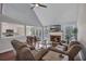 Bright living room with high ceilings, a fireplace, and open concept to the kitchen and dining area at 1007 Springharbor Walk, Woodstock, GA 30188