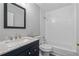 Cozy bathroom features a granite countertop vanity and tub shower combo at 3540 Owl Brow Ct, Cumming, GA 30028