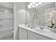 Bathroom featuring a tub with shower, double vanity, and white cabinets at 8033 Louis Dr, Locust Grove, GA 30248