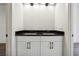 Bathroom vanity featuring double sinks, granite countertops, white cabinets, and modern black hardware at 1045 Mcdaniel St, Atlanta, GA 30310