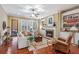 Bright living room featuring a fireplace, hardwood floors, plantation shutters, and elegant furnishings at 19 Lindley Nw Ave, Marietta, GA 30064