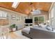 Cozy living room with skylights, wood ceiling, hardwood floors, and comfortable seating arrangement at 1068 Gwens Sw Trl, Lilburn, GA 30047