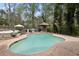 Backyard with a kidney-shaped pool, poolside seating, outdoor kitchen, patio, and lush landscaping at 1068 Gwens Sw Trl, Lilburn, GA 30047