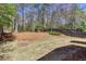 Spacious backyard with mature trees, a privacy fence, and a seating area offers a serene outdoor retreat at 1037 Dunedin Trl, Woodstock, GA 30188