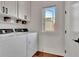 Functional laundry room with modern washer and dryer, shelves, and a window at 165 2Nd St, Fayetteville, GA 30214