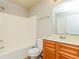 Well-lit bathroom featuring a tub with shower and a wooden vanity at 245 Astoria Way, Mcdonough, GA 30253