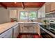 Bright kitchen featuring white cabinets, stainless appliances, farmhouse sink, and backyard view at 3348 Lynnray Dr, Atlanta, GA 30340