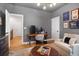 Comfortable living room with grey walls, desk, loveseat, and decorative artwork at 306 Atley Pl, Alpharetta, GA 30009