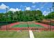 Professionally maintained tennis courts in a community, featuring benches and lush landscaping, ready for a match at 525 Sycamore Pt, Woodstock, GA 30189
