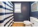 Bright bathroom featuring a toilet, striped shower curtain, and navy painted walls at 416 Pine Log Ct, Canton, GA 30115