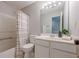 Well-lit bathroom featuring a shower/tub combo with a white vanity and neutral tones at 9155 Nesbit Ferry Rd # 65, Alpharetta, GA 30022
