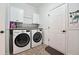 Laundry room featuring white cabinets, granite countertop, tile backsplash, and washer/dryer at 6060 Masters Club Dr, Suwanee, GA 30024
