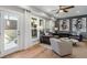 Bright living room features hardwood floors, contemporary art, and access to an outdoor patio at 1105 Rivard Nw Cir, Atlanta, GA 30318